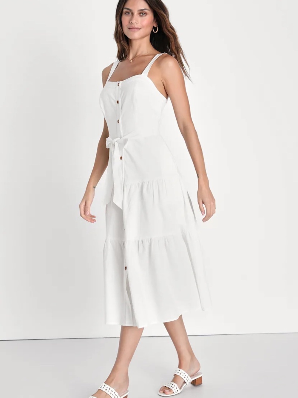Lulus White Tiered Button-Front Sundress with Tie Waist Sz M